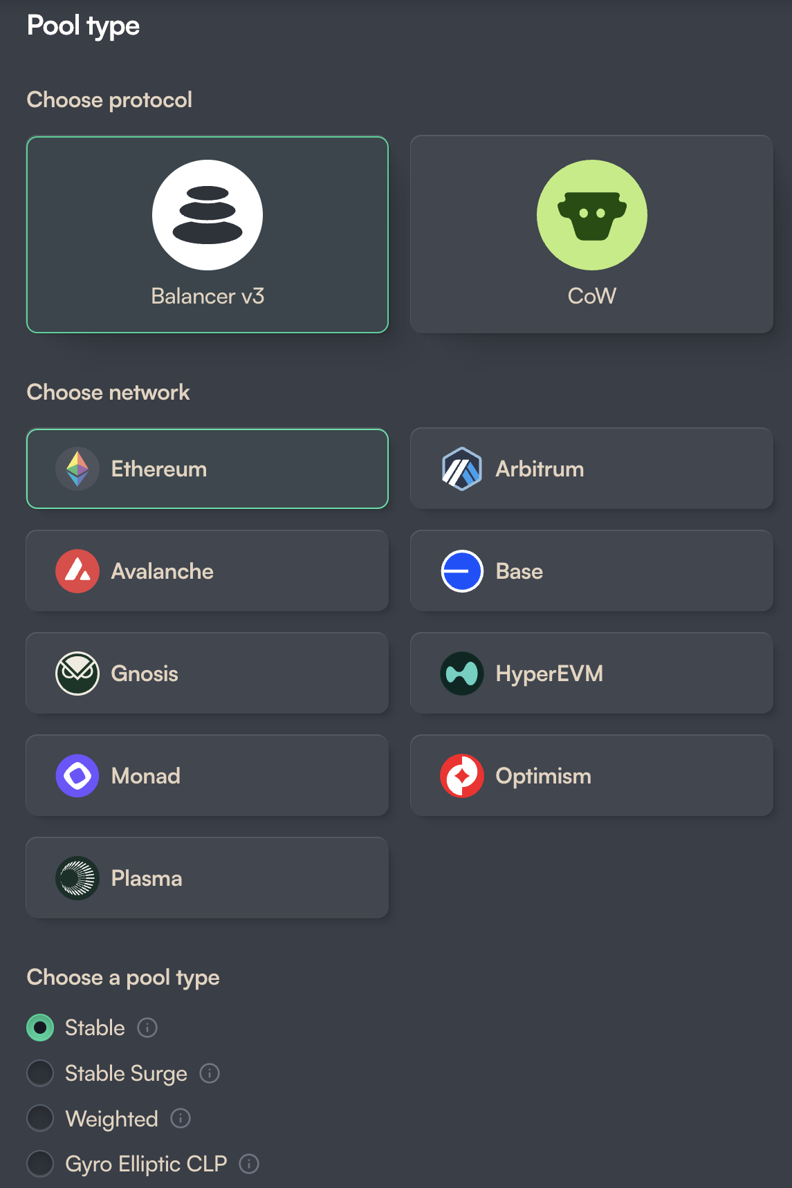 Choosing the protocol, network, and pool type